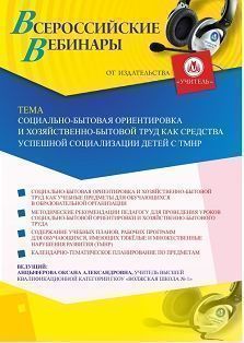 Вебинар «Социально-бытовая ориентировка и хозяйственно-бытовой труд как средства успешной социализации детей с ТМНР»