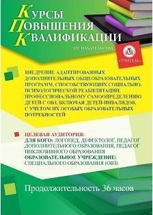 Внедрение адаптированных дополнительных общеобразовательных программ, способствующих социально-психологической реабилитации, профессиональному самоопределению детей с ОВЗ, включая детей-инвалидов, с учетом их особых образовательных потребностей (36 ч.)