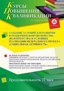 Создание условий для развития и поддержки добровольчества (волонтерства) в условиях реализации Федерального проекта «Социальная активность» (72 ч.)